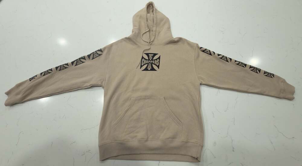 West Coast Choppers Tan Pullover Hoodie with Iron Cross Logo and Sleeve Graphics